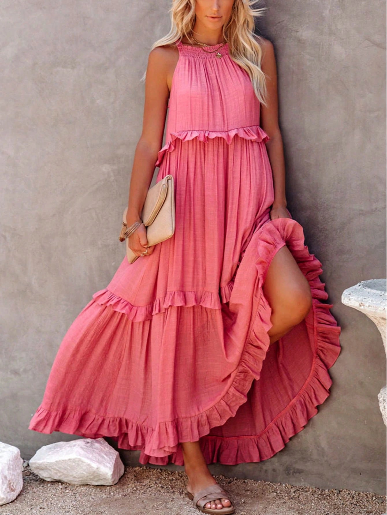 SHEIN Women's Long Summer Dress, Casual Halter Neck Tie Waist Dress Wi   PINK SHOP EG