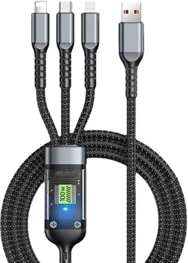 Multi-device charging cable with four ports on a white background