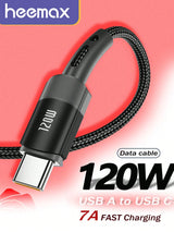 A 120W USB-A to USB-C fast charging cable by Heemax, featuring a black braided cord and a black connector with a silver USB-C plug, set against a pink and white background with promotional text.