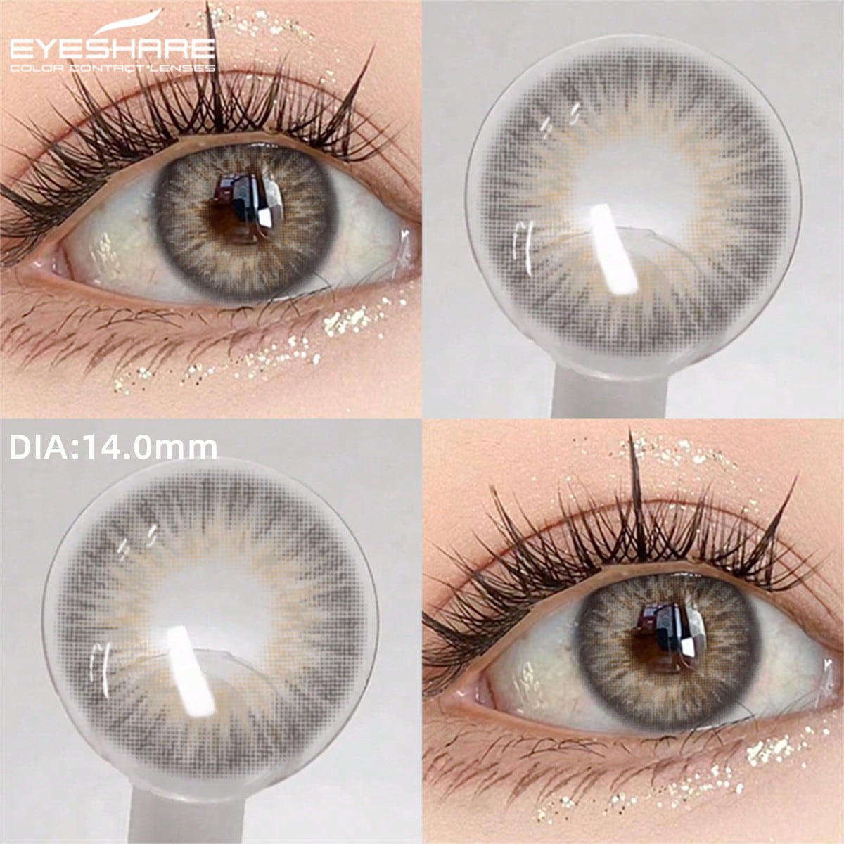 Collage of contact lenses with close-up views and a visible brand name.