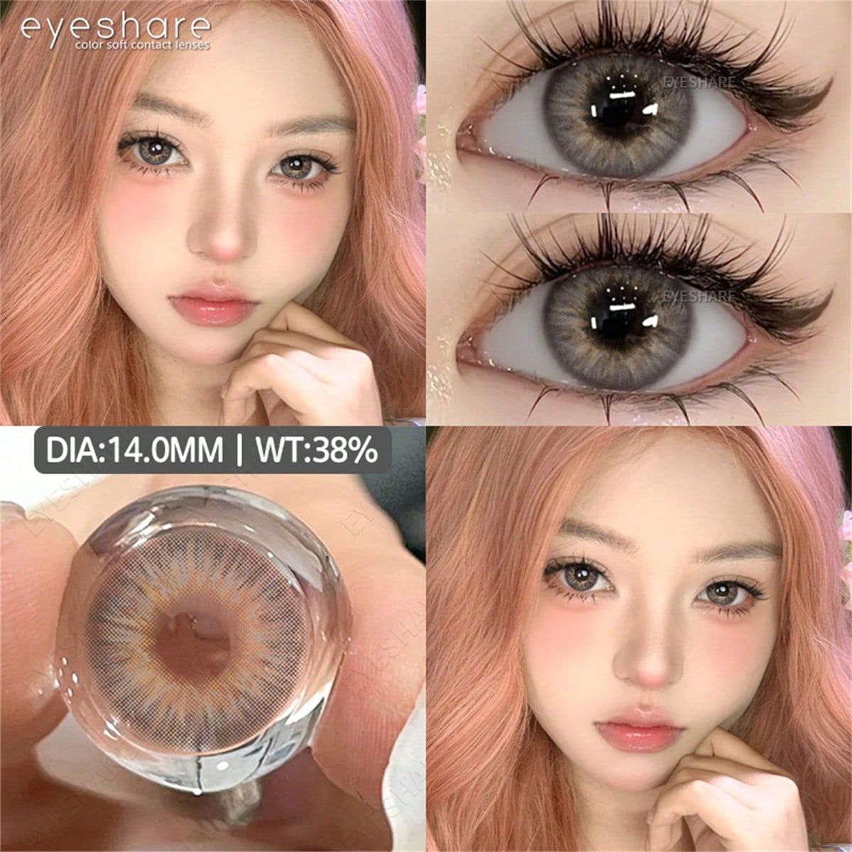 Collage of a woman with pink hair, close-up of eyes with contact lenses, and a contact lens itself.