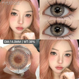 Collage of a woman with pink hair, close-up of eyes with contact lenses, and a contact lens itself.
