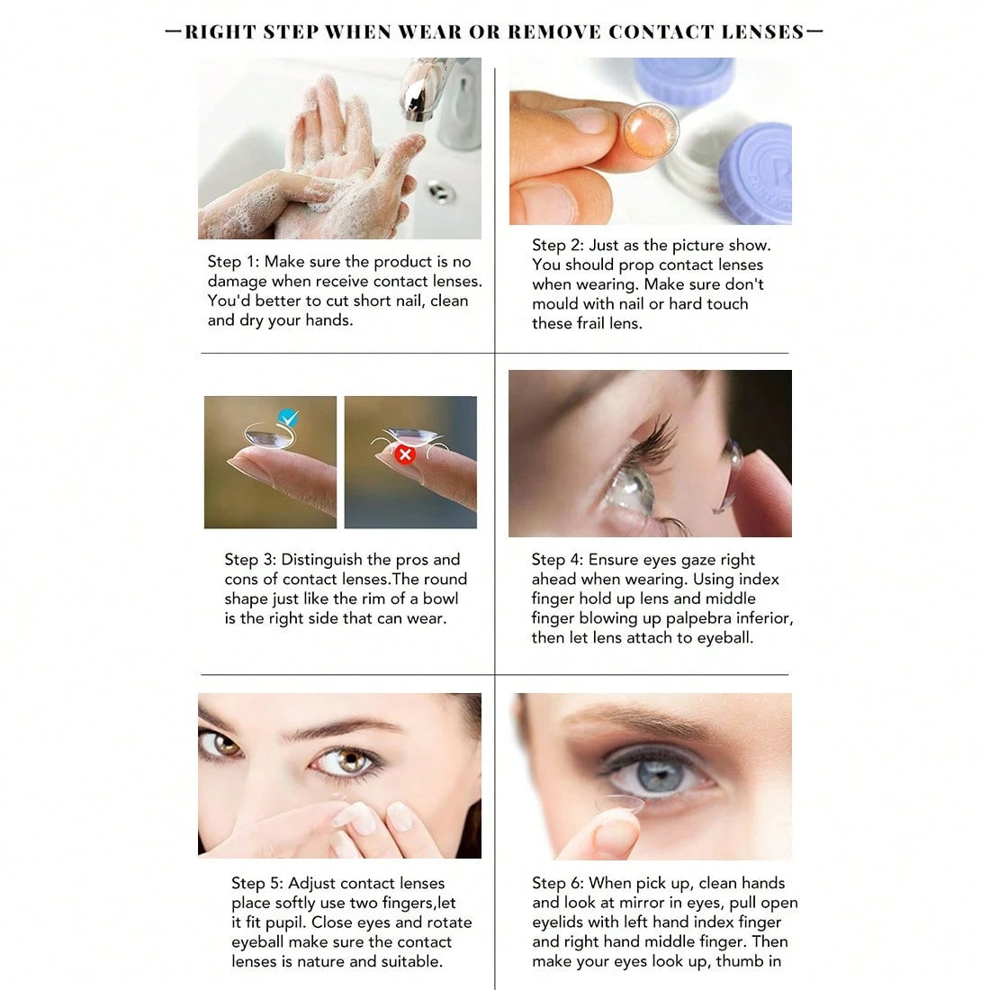 Instructions on how to wear or remove contact lenses with step-by-step visual guide.