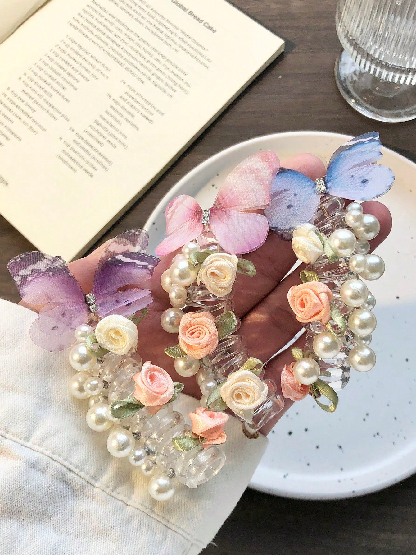 SHEIN 1/3pcs Telephone Wire Hair Scrunchies, Faux Pearl Flower & Bow Decorated Ponytail Holder, Damage-Free Hair Accessories, Elegant Countryside Style For Women Beauty Home Bedroom Decor Hair Elastics Hair Rubber Bands Hair Rope Elastic Hair Tie