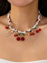 1pc Bohemian Style Bow Cherry Pendant Necklace, Bohemian Style Cherry Pattern Scarf Necklace