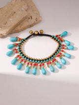 SHEIN 1pc Bohemian Style Colorful Wax Rope Woven Anklet, Navy Blue Teardrop & Copper Bead Beaded Anklet, Tassel Anklet, Women's Daily Or Holiday Jewelry Or Mother's Day/Valentine's Day Gift, Suitable For Summer Beach