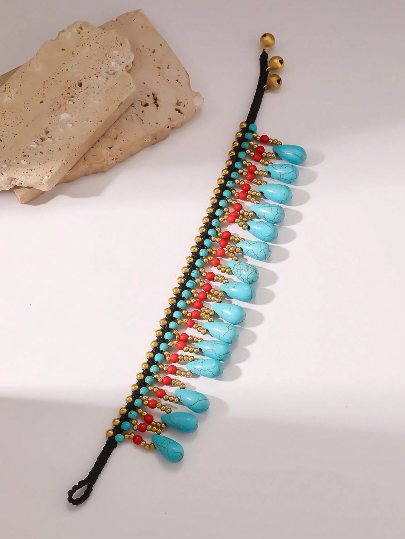 SHEIN 1pc Bohemian Style Colorful Wax Rope Woven Anklet, Navy Blue Teardrop & Copper Bead Beaded Anklet, Tassel Anklet, Women's Daily Or Holiday Jewelry Or Mother's Day/Valentine's Day Gift, Suitable For Summer Beach