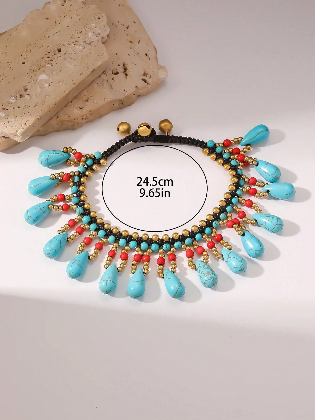 SHEIN 1pc Bohemian Style Colorful Wax Rope Woven Anklet, Navy Blue Teardrop & Copper Bead Beaded Anklet, Tassel Anklet, Women's Daily Or Holiday Jewelry Or Mother's Day/Valentine's Day Gift, Suitable For Summer Beach