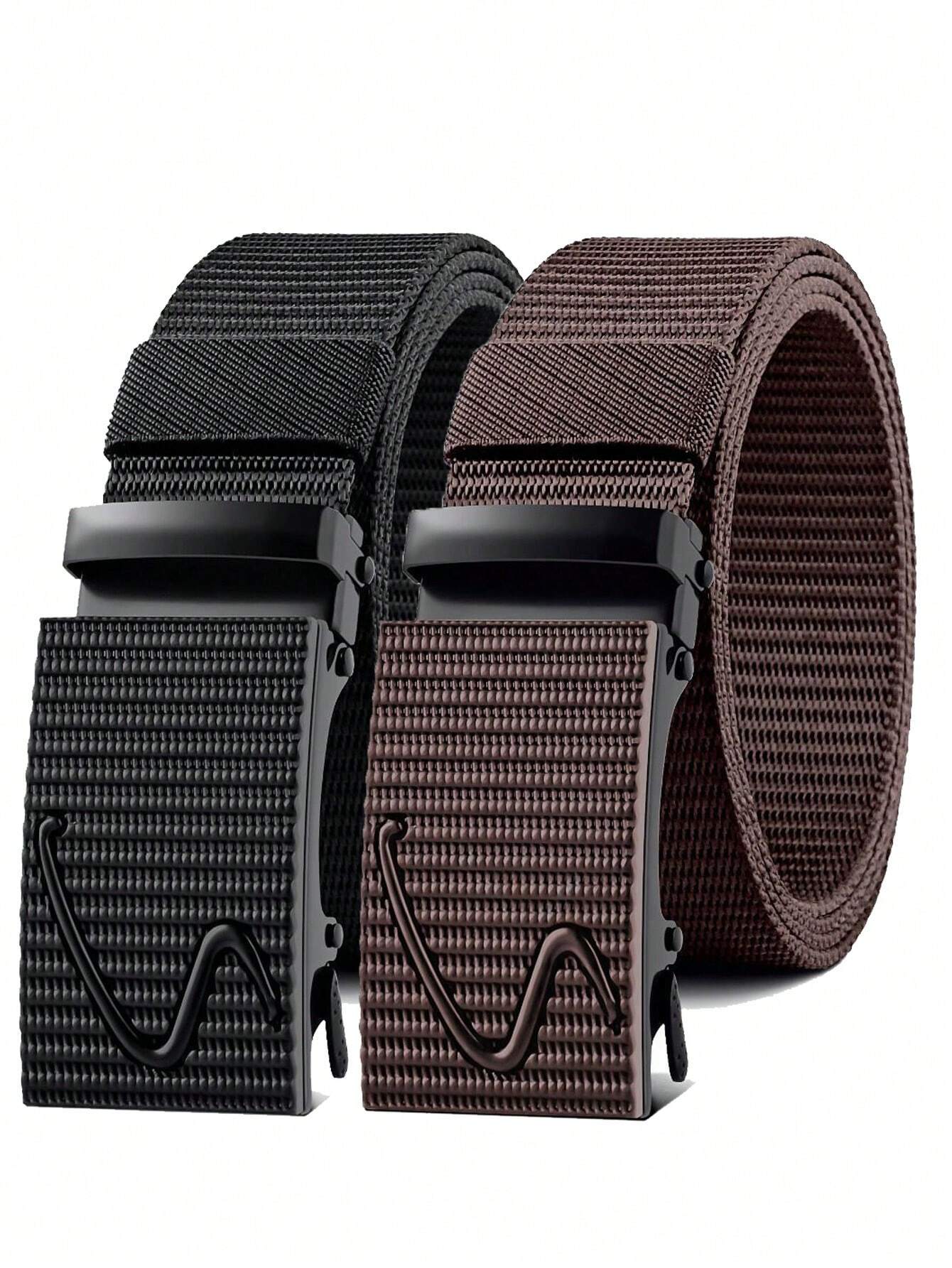 Two woven nylon web belt straps with matte metal buckles, shown on a plain white background. One belt is black and the other is dark brown.