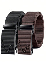 Two woven nylon web belt straps with matte metal buckles, shown on a plain white background. One belt is black and the other is dark brown.