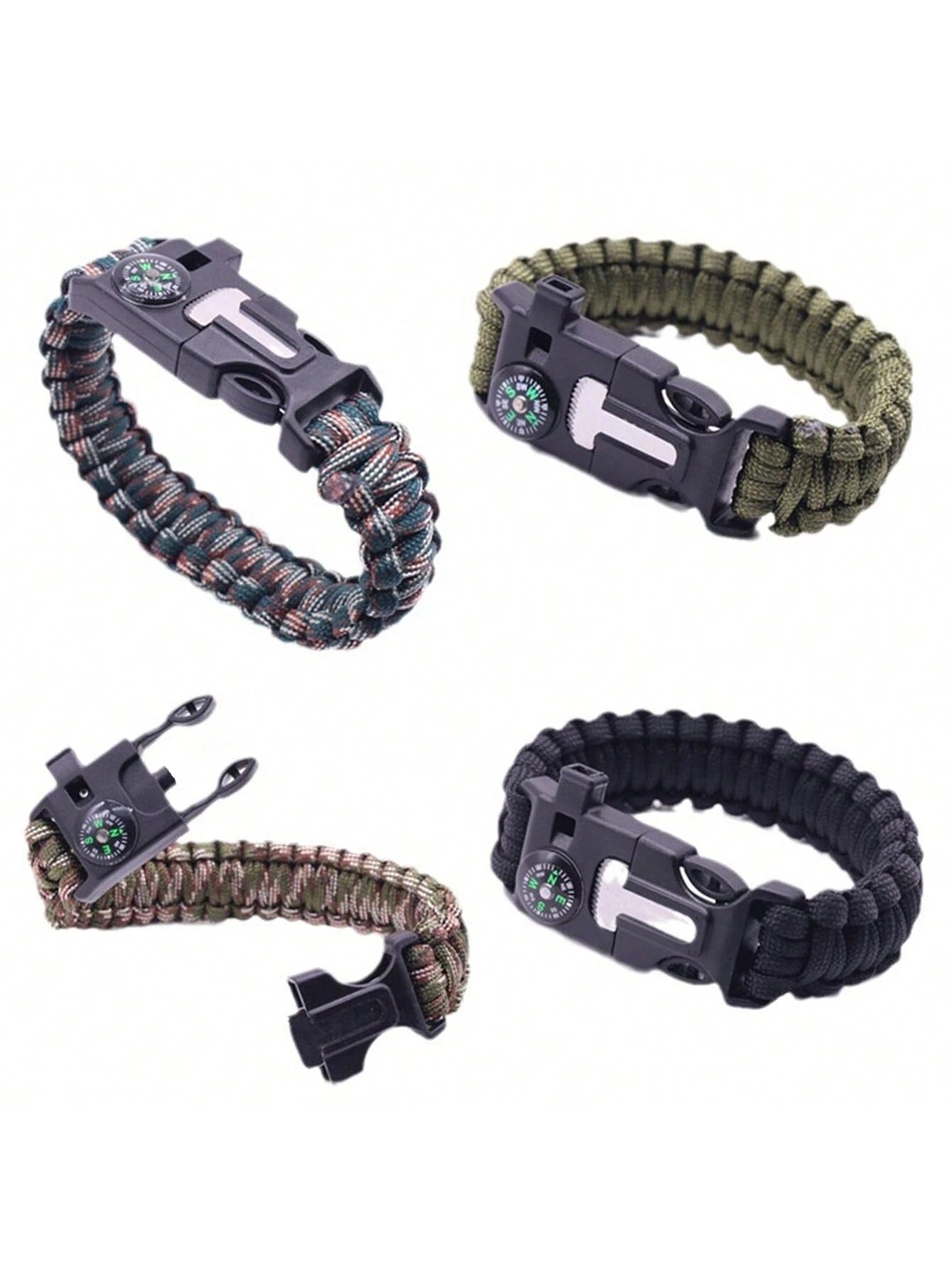 Four paracord survival bracelets with black quick-release buckles and compasses, shown in different colorways on a white background.