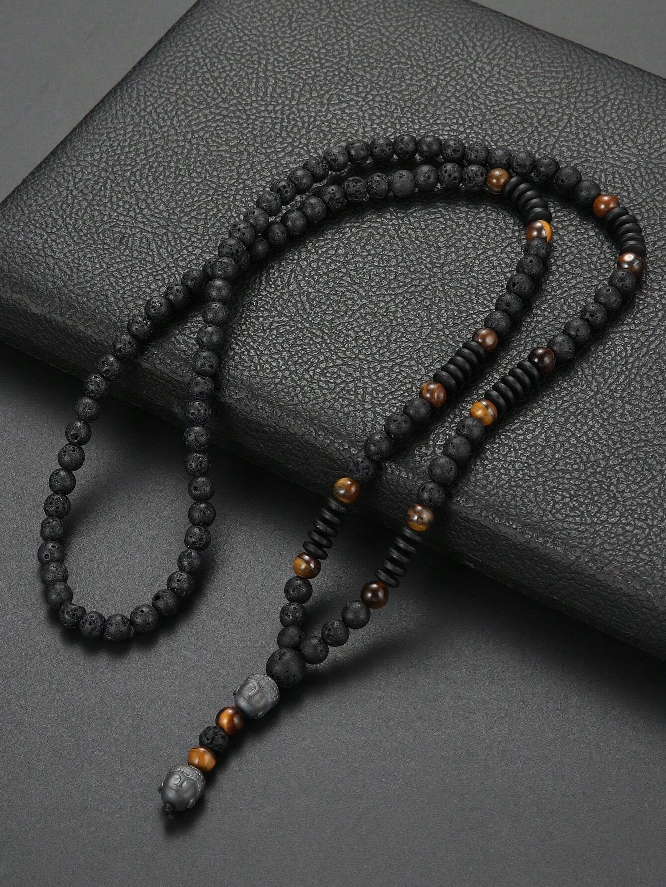 SHEIN 1pc Vintage Black Volcanic Rock&Natural Yellow Tiger Eye Men