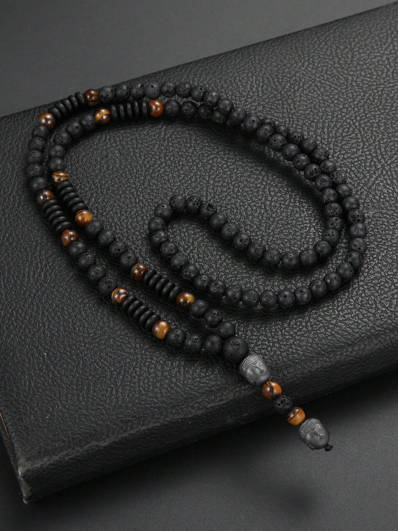 SHEIN 1pc Vintage Black Volcanic Rock&Natural Yellow Tiger Eye Men