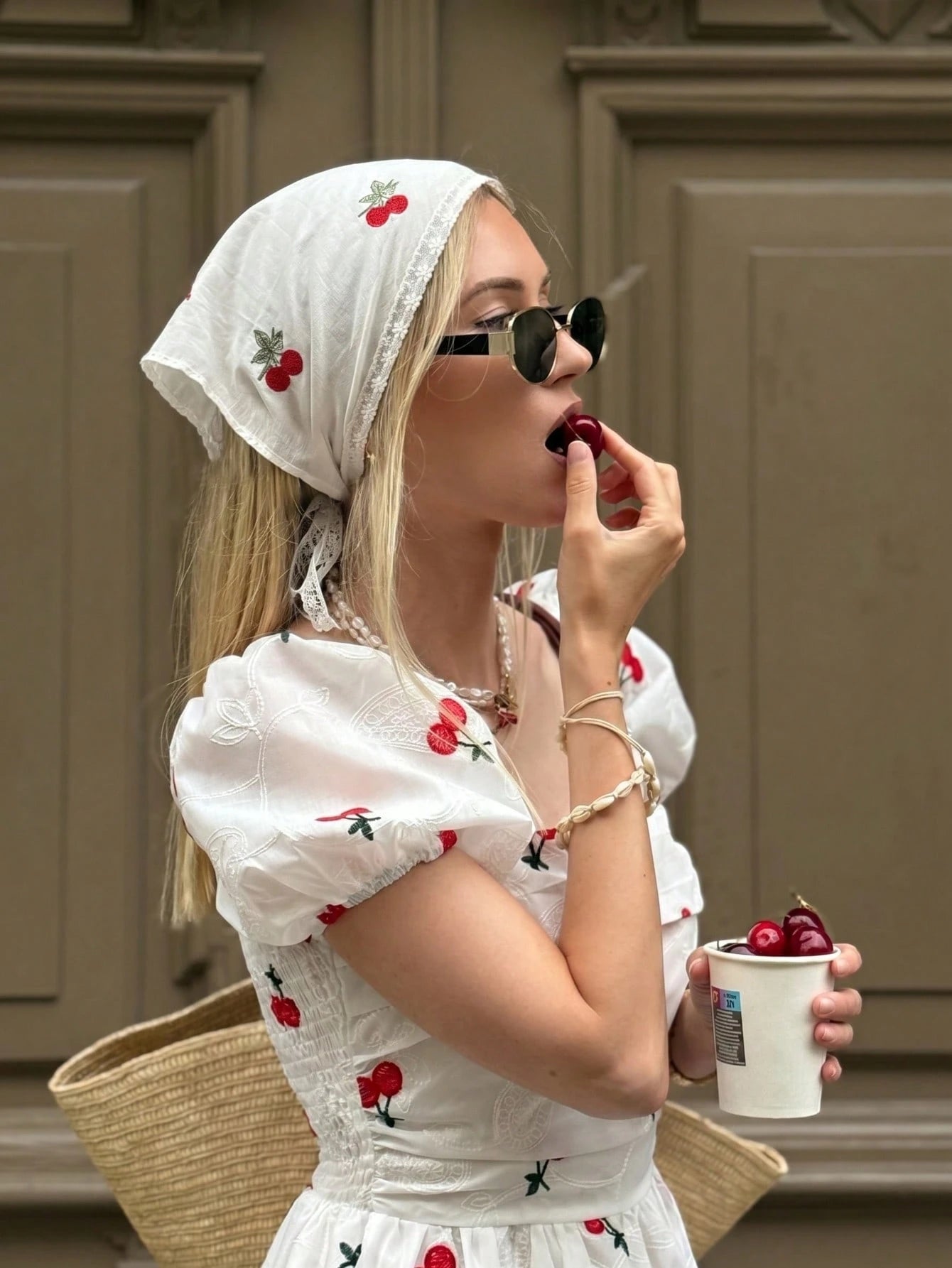 1pc Women's Fashion Cherry Printed Triangular Scarf Headband, Elastic Hair Accessories