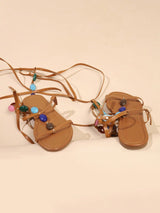 SHEIN 2024 Women's Summer New Elegant & Comfortable Buckle Tie Colorful Gem & Faux Pearl Beachwear Flat Sandals, Viral Bestseller,Gladiator Sandals