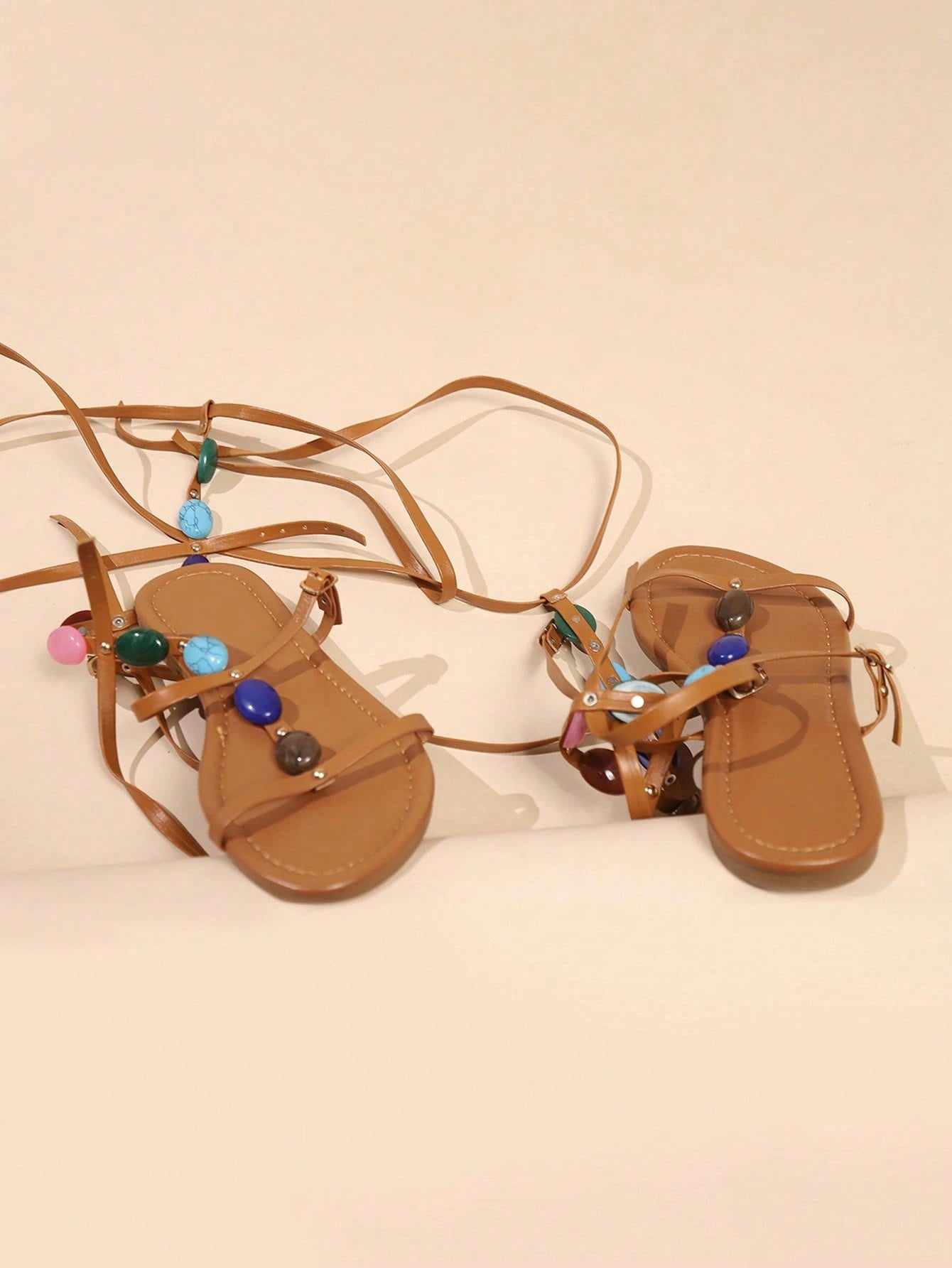 SHEIN 2024 Women's Summer New Elegant & Comfortable Buckle Tie Colorful Gem & Faux Pearl Beachwear Flat Sandals, Viral Bestseller,Gladiator Sandals