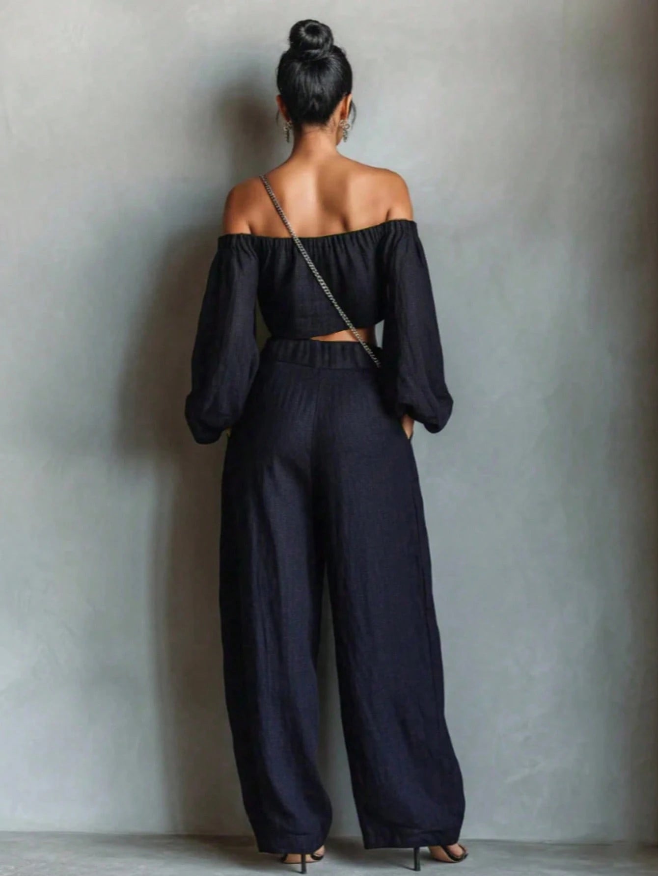 SHEIN New Navy Blue Off-Shoulder Linen Set, High Waist Wide Leg Pants, Casual Slouchy Elegant Outfit