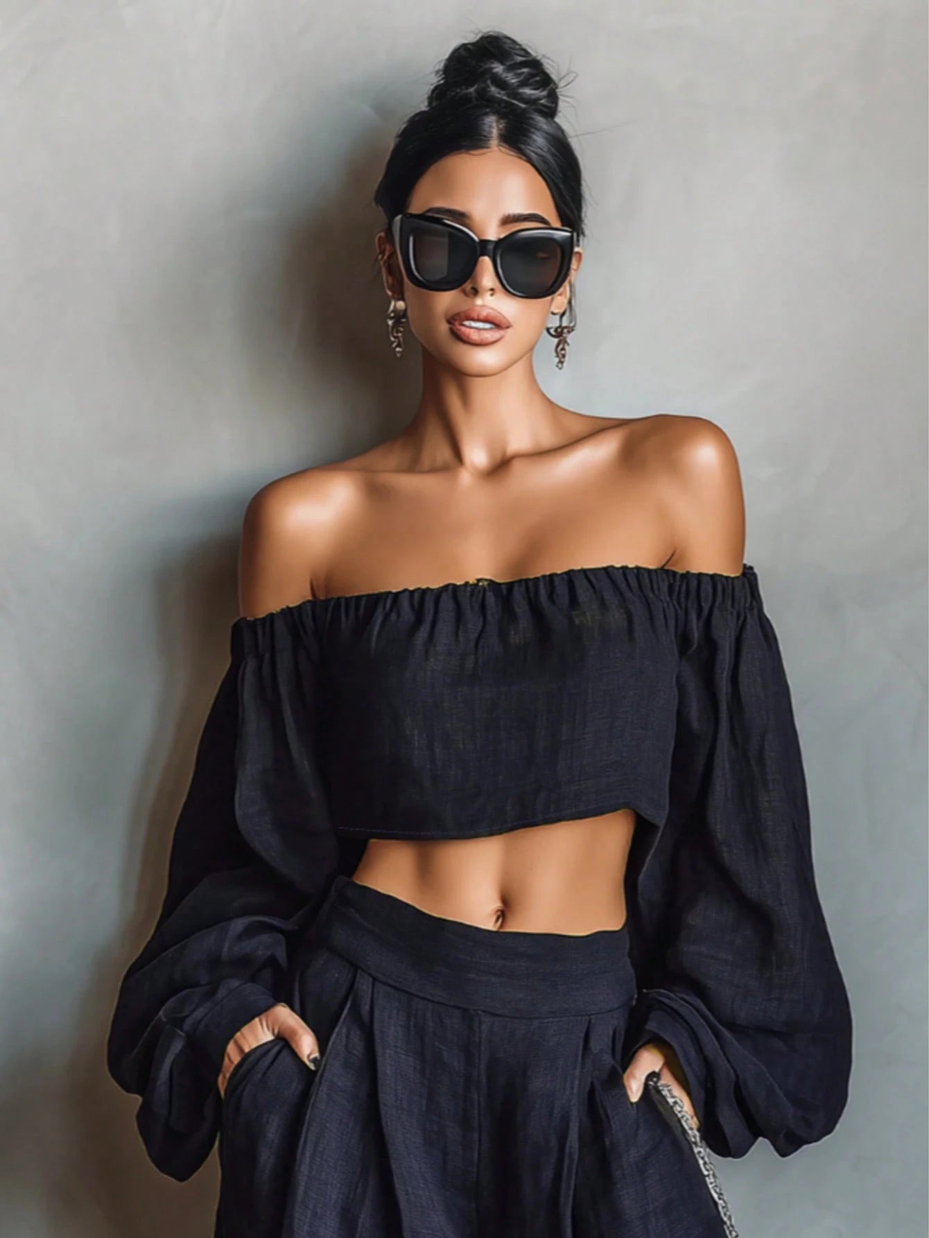 SHEIN New Navy Blue Off-Shoulder Linen Set, High Waist Wide Leg Pants, Casual Slouchy Elegant Outfit