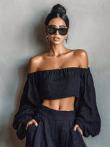 SHEIN New Navy Blue Off-Shoulder Linen Set, High Waist Wide Leg Pants, Casual Slouchy Elegant Outfit