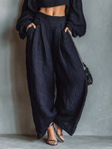 SHEIN New Navy Blue Off-Shoulder Linen Set, High Waist Wide Leg Pants, Casual Slouchy Elegant Outfit