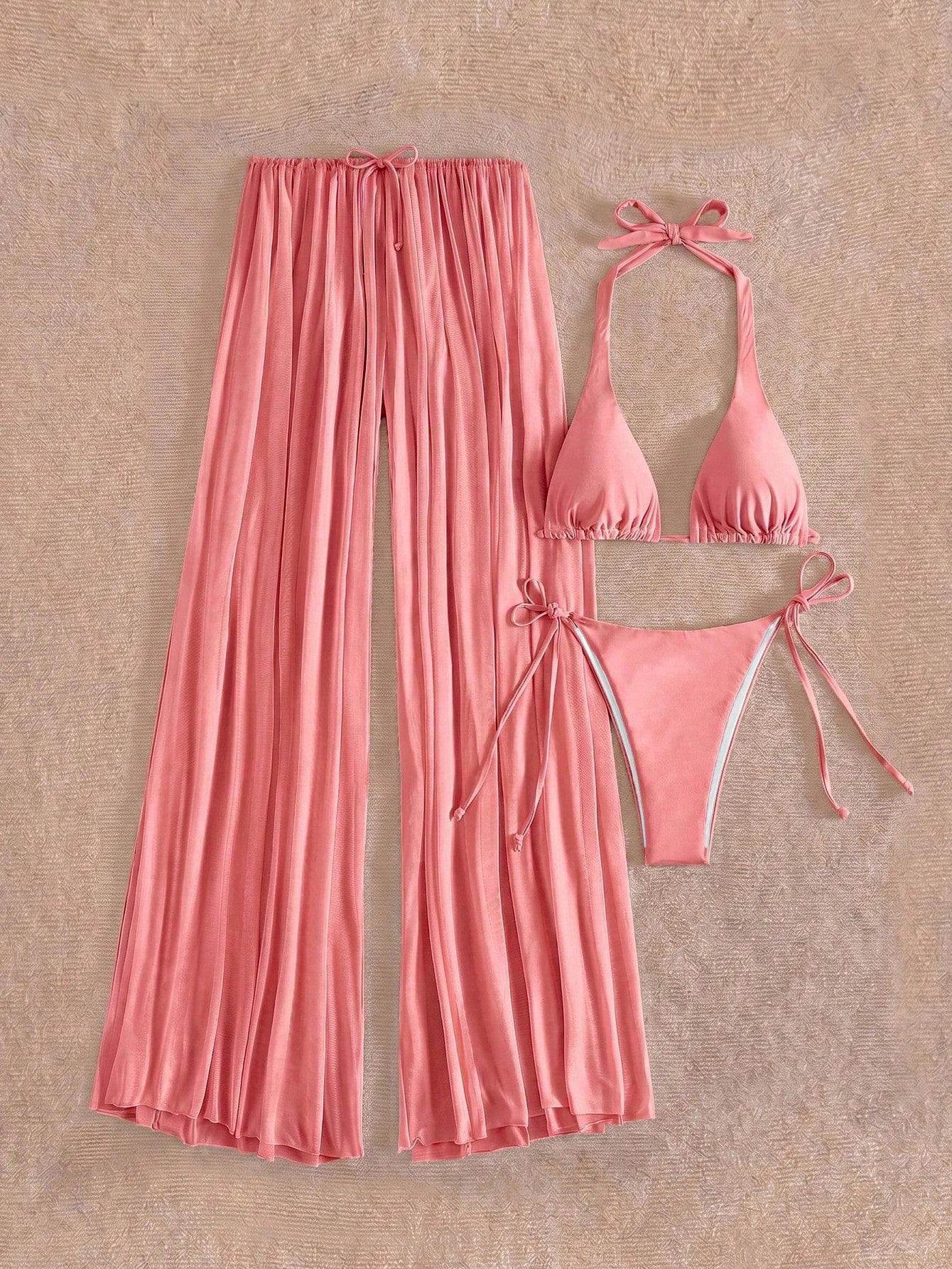 SHEIN 2026 New Women's 3-Piece Swimwear Set, Solid Color Chiffon Wide Leg Pants Skirt, Backless Deep V Swimwear And Triangle Swim Bottoms Pink