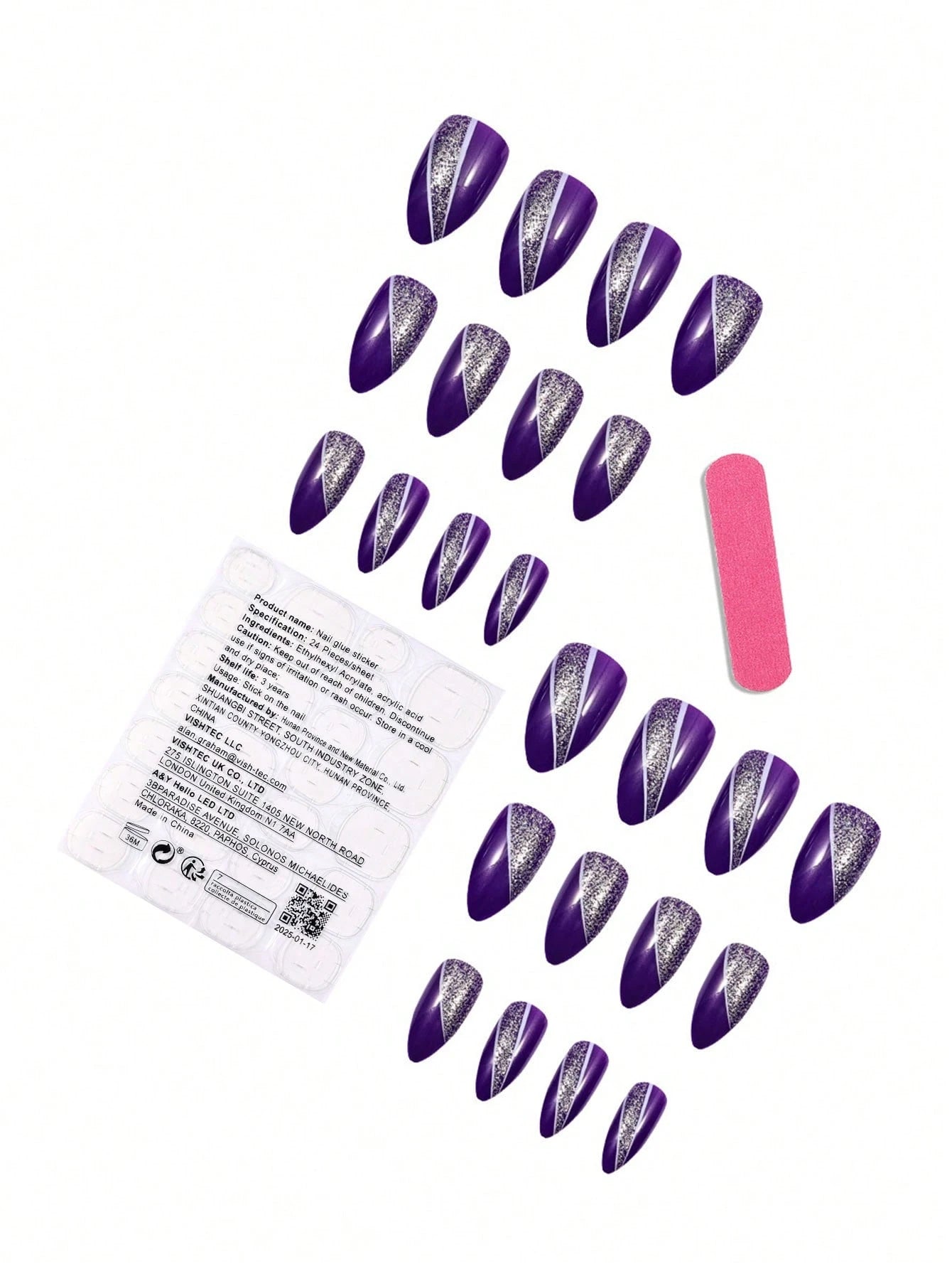 SHEIN 24pcs Almond-Shaped French Purple Glitter Nail Stickers, Acrylic False Nails