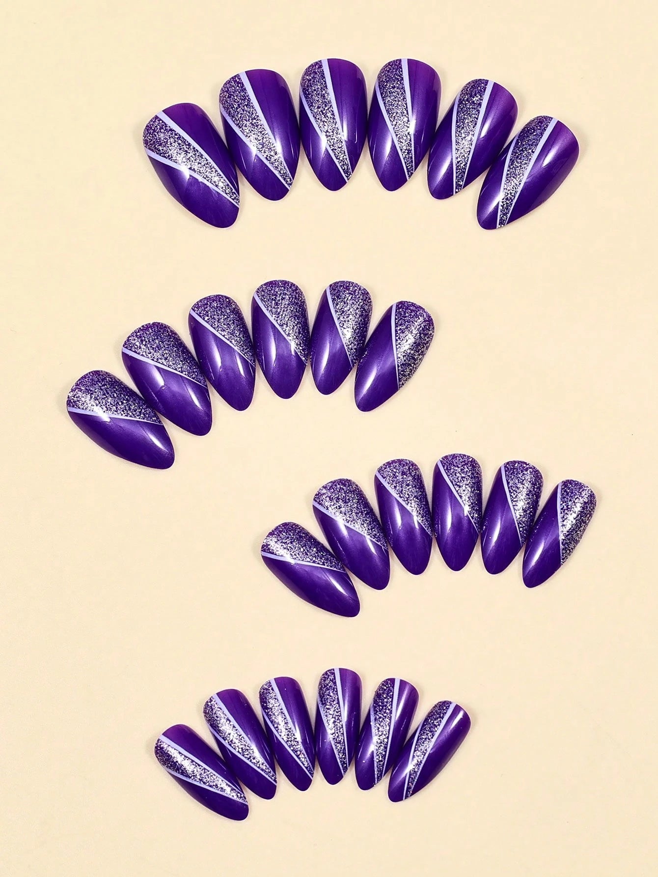 SHEIN 24pcs Almond-Shaped French Purple Glitter Nail Stickers, Acrylic False Nails