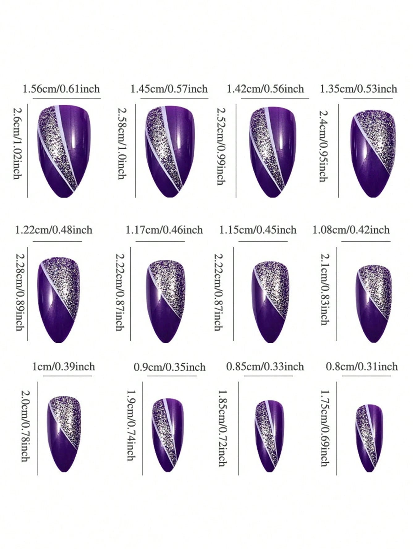 SHEIN 24pcs Almond-Shaped French Purple Glitter Nail Stickers, Acrylic False Nails