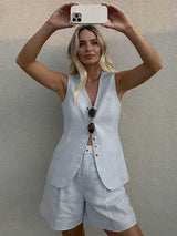 SHEIN 2pcs/Set Casual Vacation Style Women Camisole And Shorts Set, Summer Commute Deep V-Neck Off-Shoulder Ladies Outfit Elegant