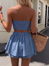 SHEIN 2pcs/Set Women's Strapless Denim-Effect Fabric Button Decor Pleated Elegant Top And Pants Casual Outfit, Suitable For Vacation, Date, Afternoon Tea, Beach, Cruise, City Travel, Island Resort, Music Festival, Bohemian Style Holiday Etc. Summer