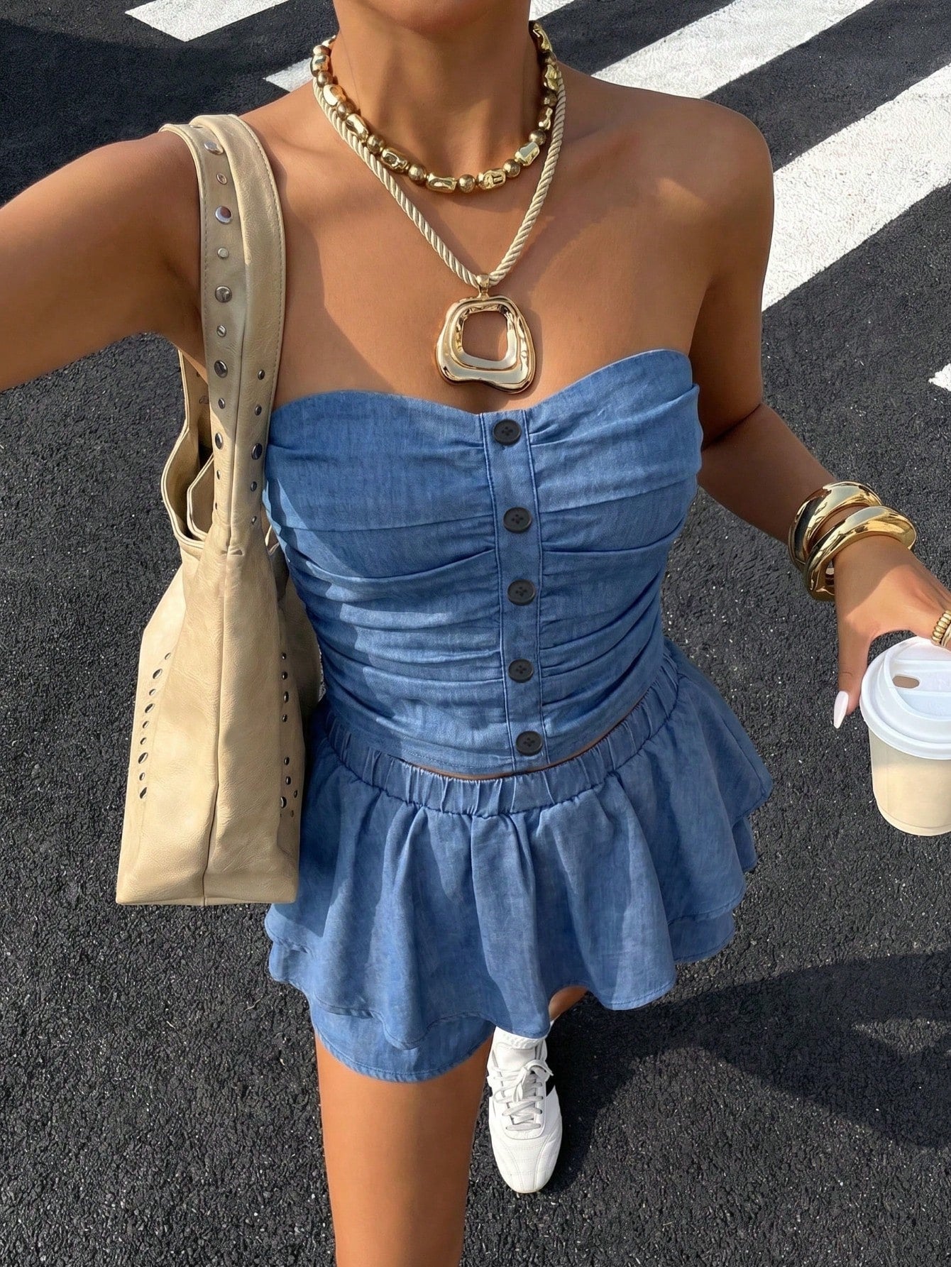 SHEIN 2pcs/Set Women's Strapless Denim-Effect Fabric Button Decor Pleated Elegant Top And Pants Casual Outfit, Suitable For Vacation, Date, Afternoon Tea, Beach, Cruise, City Travel, Island Resort, Music Festival, Bohemian Style Holiday Etc. Summer