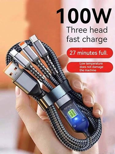 A hand holds a braided 100W three-head fast charging cable with USB-A, USB-C, and USB-Type connectors. The cable has a black and silver woven texture, a black central strap, and a small blue digital voltage monitor.
