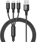 Black braided multi-connector USB cable with a USB-A plug and three USB-C/Lightning-style ports, shown on a plain white background.