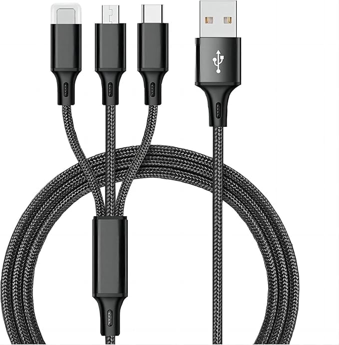 Black braided multi-connector USB cable with a USB-A plug and three USB-C/Lightning-style ports, shown on a plain white background.