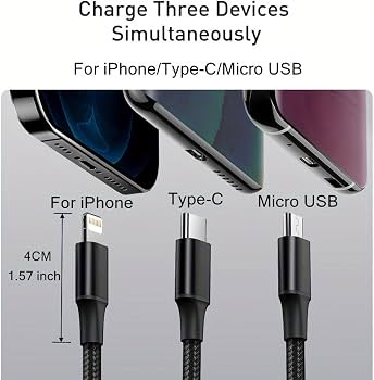 A black braided multi-connector charging cable shown with text reading 'Charge Three Devices Simultaneously' and labels for iPhone, Type-C, and Micro USB. The image includes partial phone mockups at the top and a dimension callout of 4CM (1.