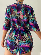 SHEIN 3pcs Women Tropical Plant Print Halter Neck Bikini Set With Removable Sarong Cover-Up Vacation Beach