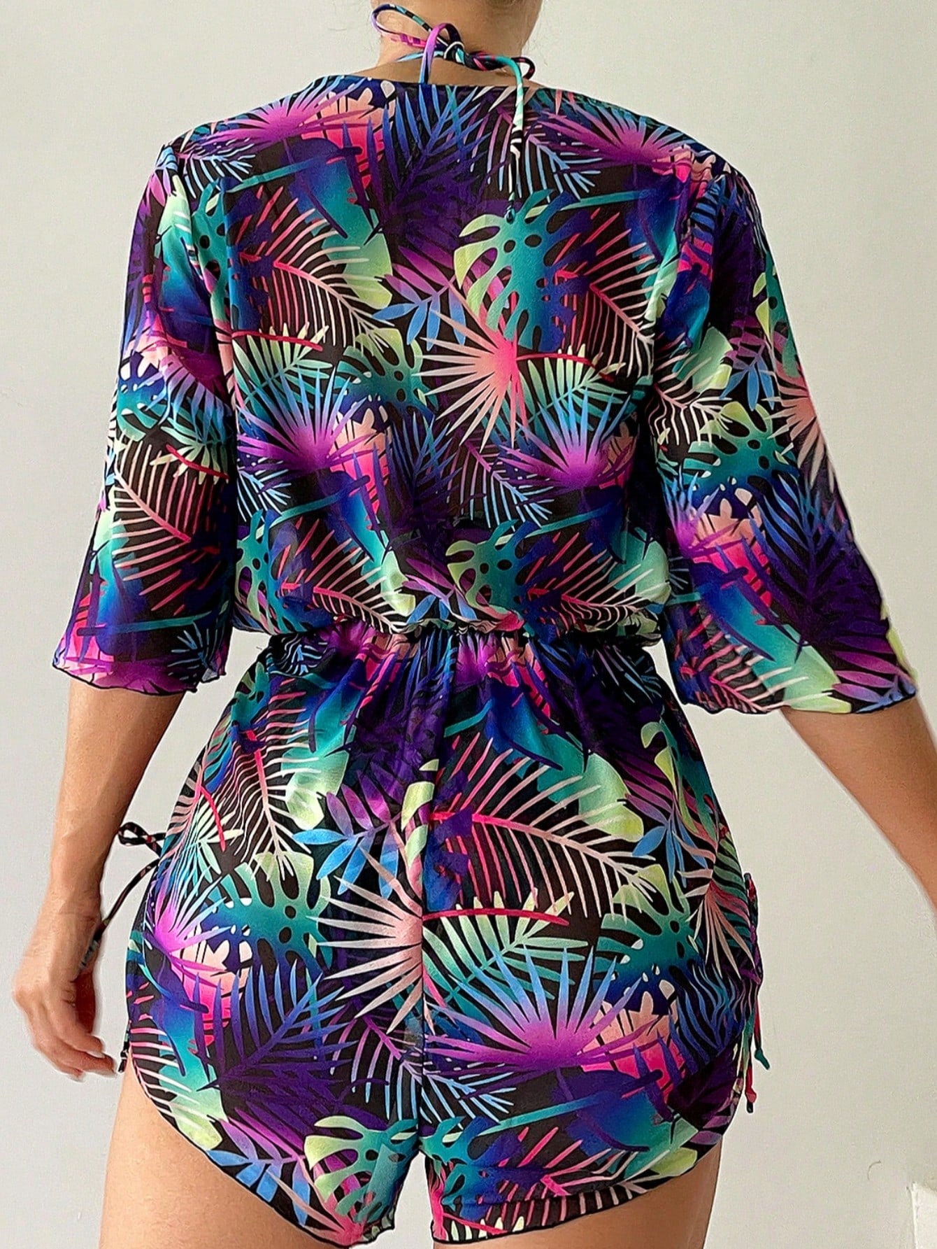 SHEIN 3pcs Women Tropical Plant Print Halter Neck Bikini Set With Removable Sarong Cover-Up Vacation Beach