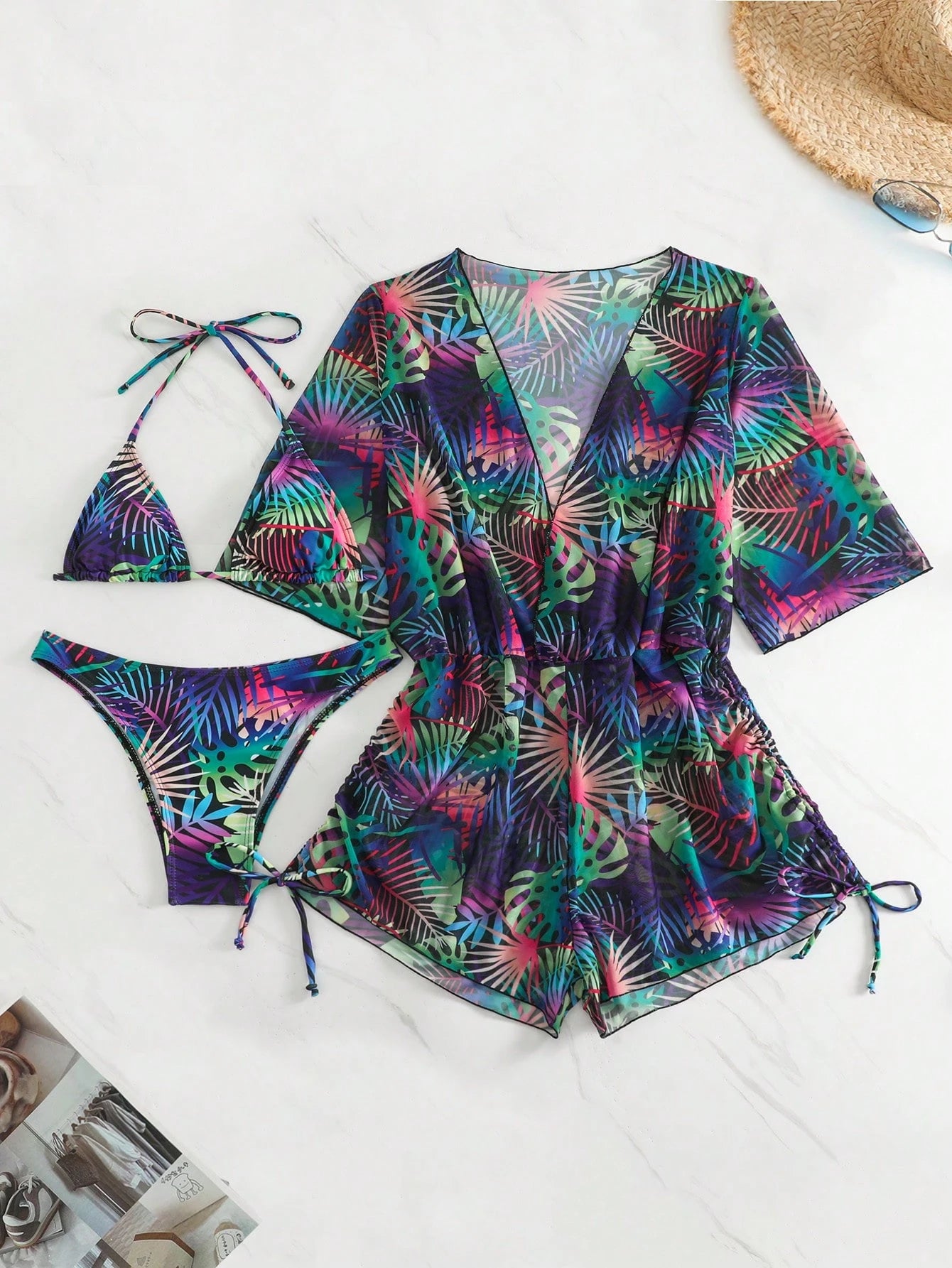 SHEIN 3pcs Women Tropical Plant Print Halter Neck Bikini Set With Removable Sarong Cover-Up Vacation Beach
