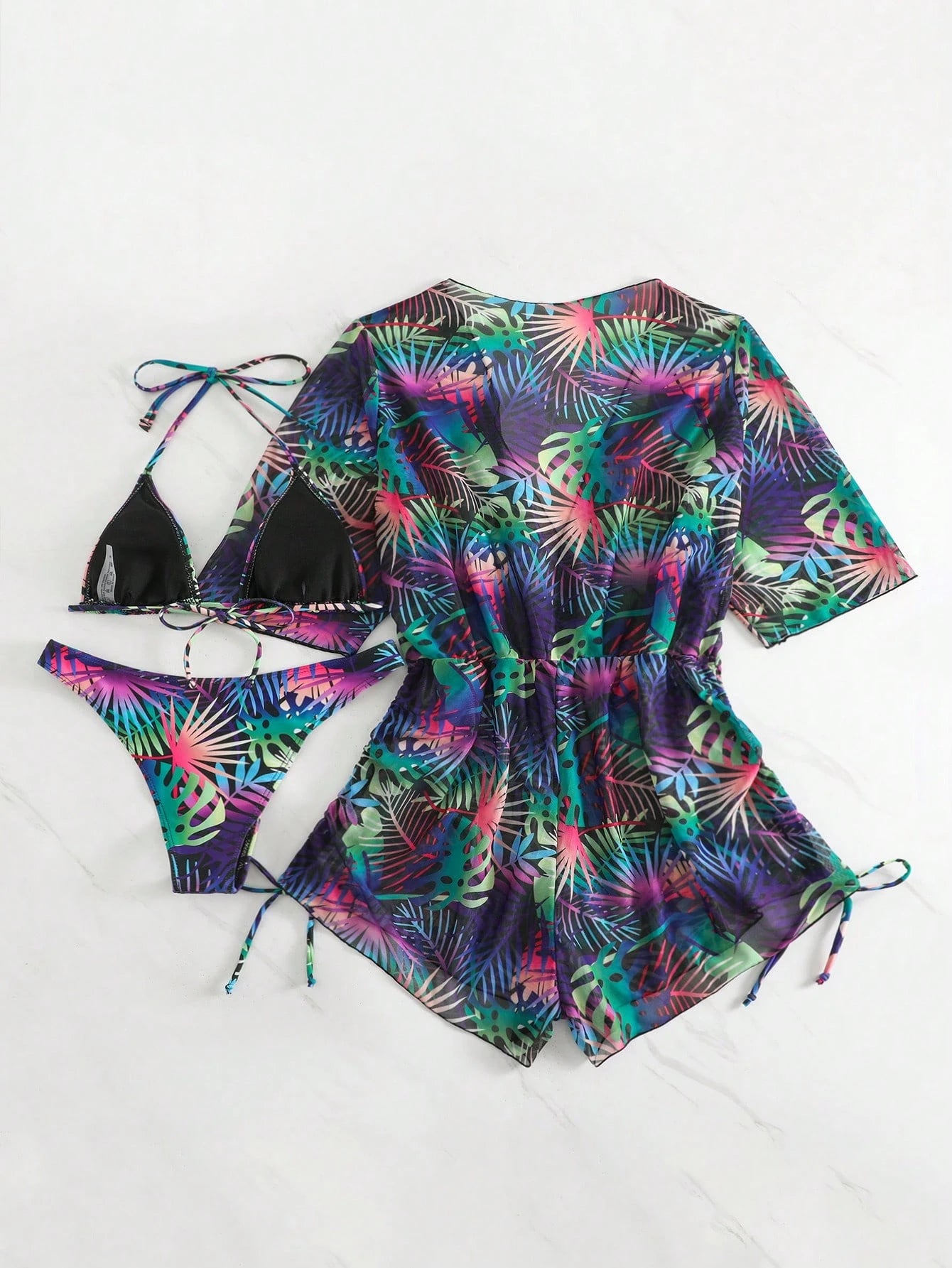 SHEIN 3pcs Women Tropical Plant Print Halter Neck Bikini Set With Removable Sarong Cover-Up Vacation Beach