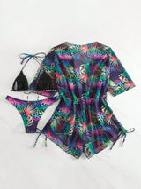 SHEIN 3pcs Women Tropical Plant Print Halter Neck Bikini Set With Removable Sarong Cover-Up Vacation Beach