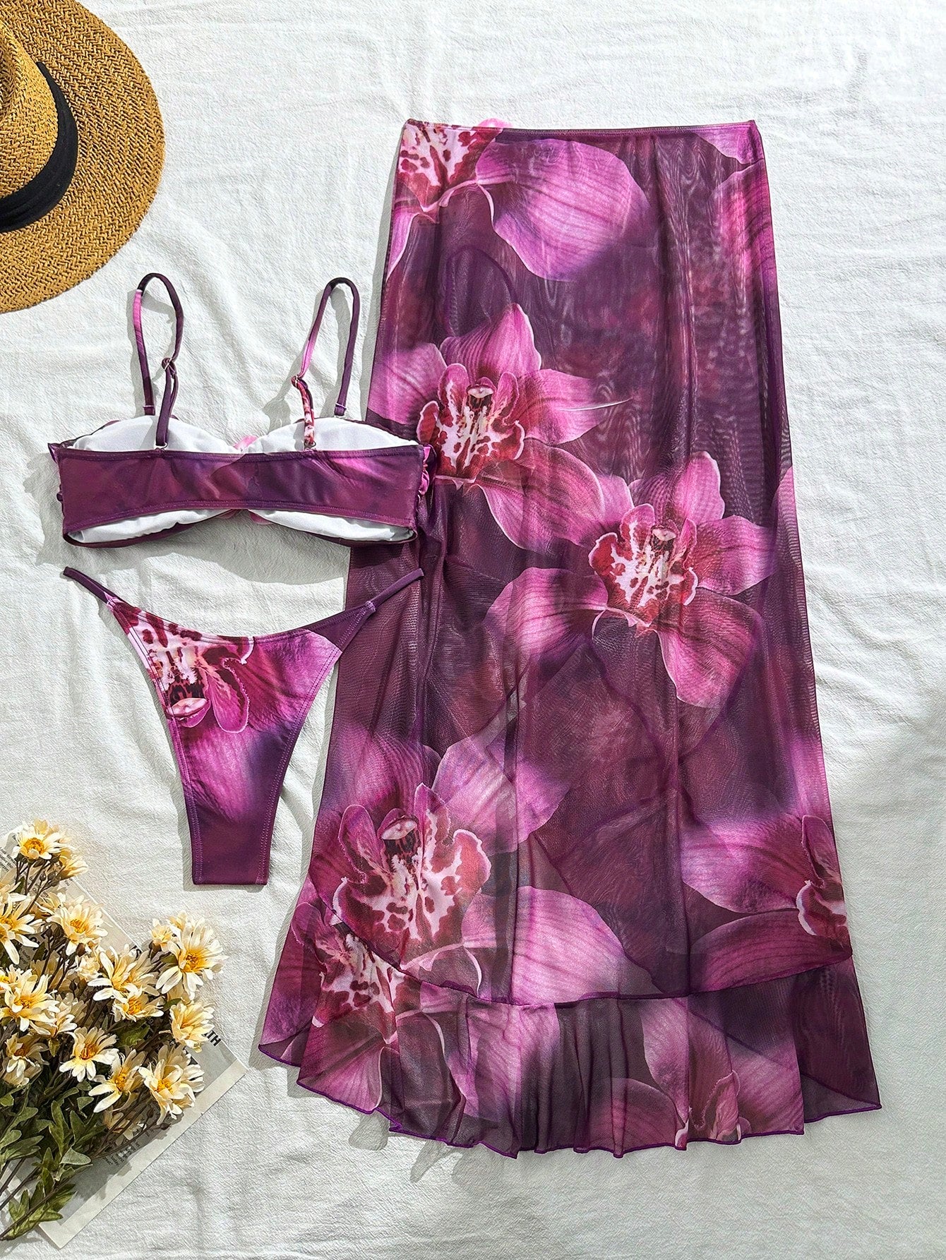 SHEIN 3pcs Women's Floral Print Elegant Sexy Backless 3D Flower Beach Dress Bikini Set