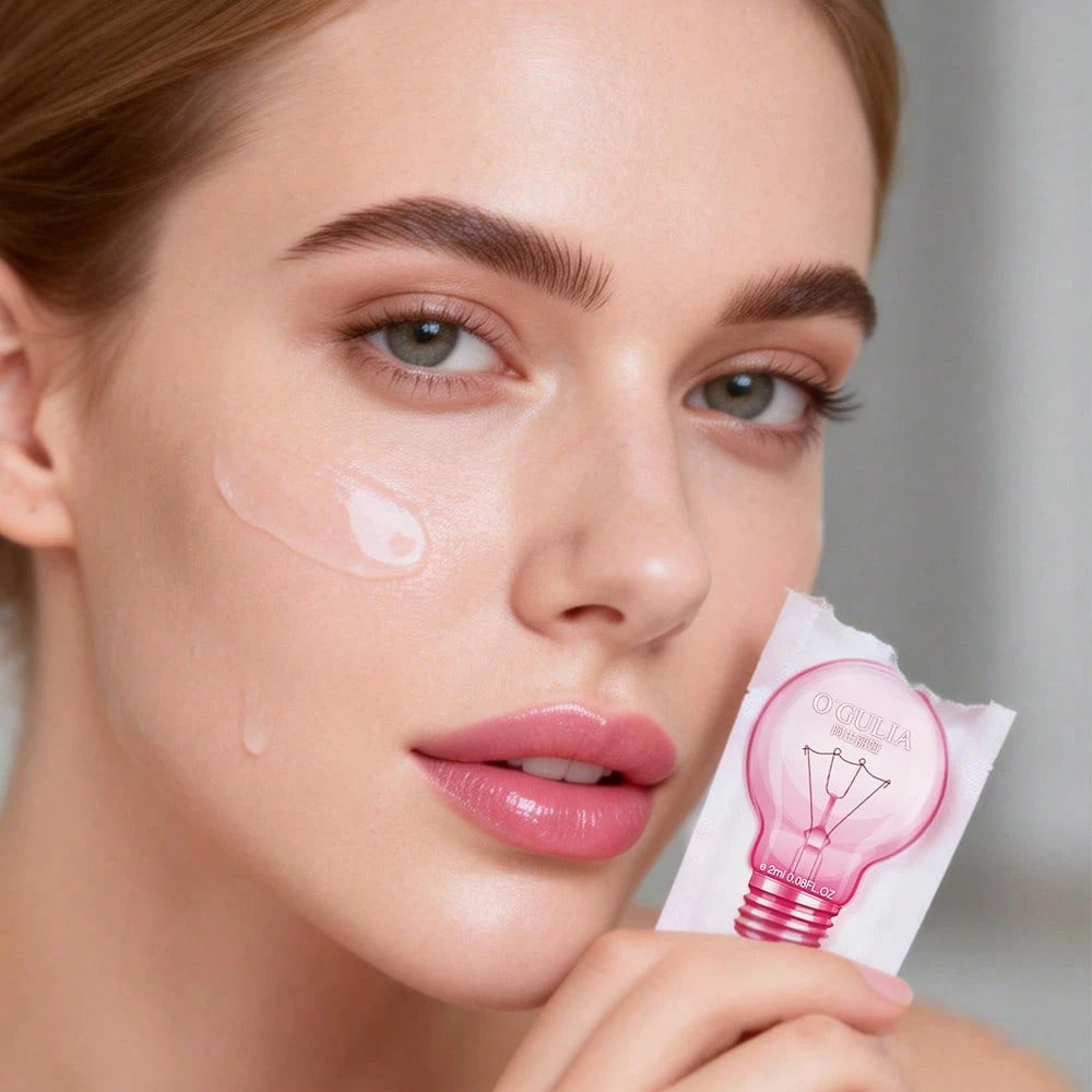 Woman holding a pink skincare product with a light bulb design.