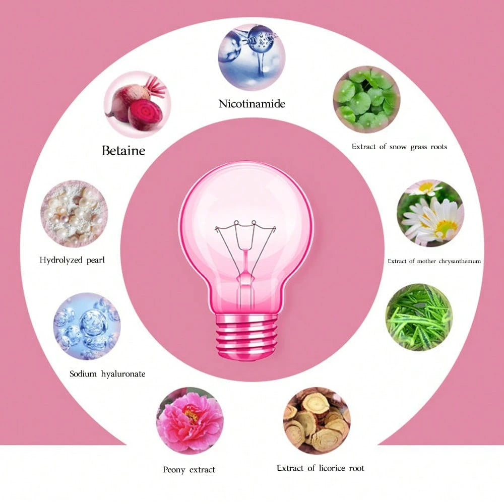Light bulb with various natural extracts around it on a pink background