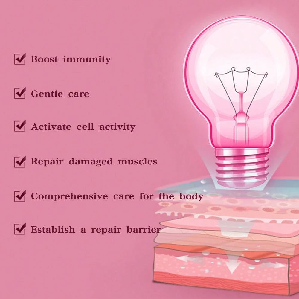 Pink light bulb on a pink background with text about health benefits