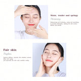 Woman applying cream to her face with text describing skin benefits