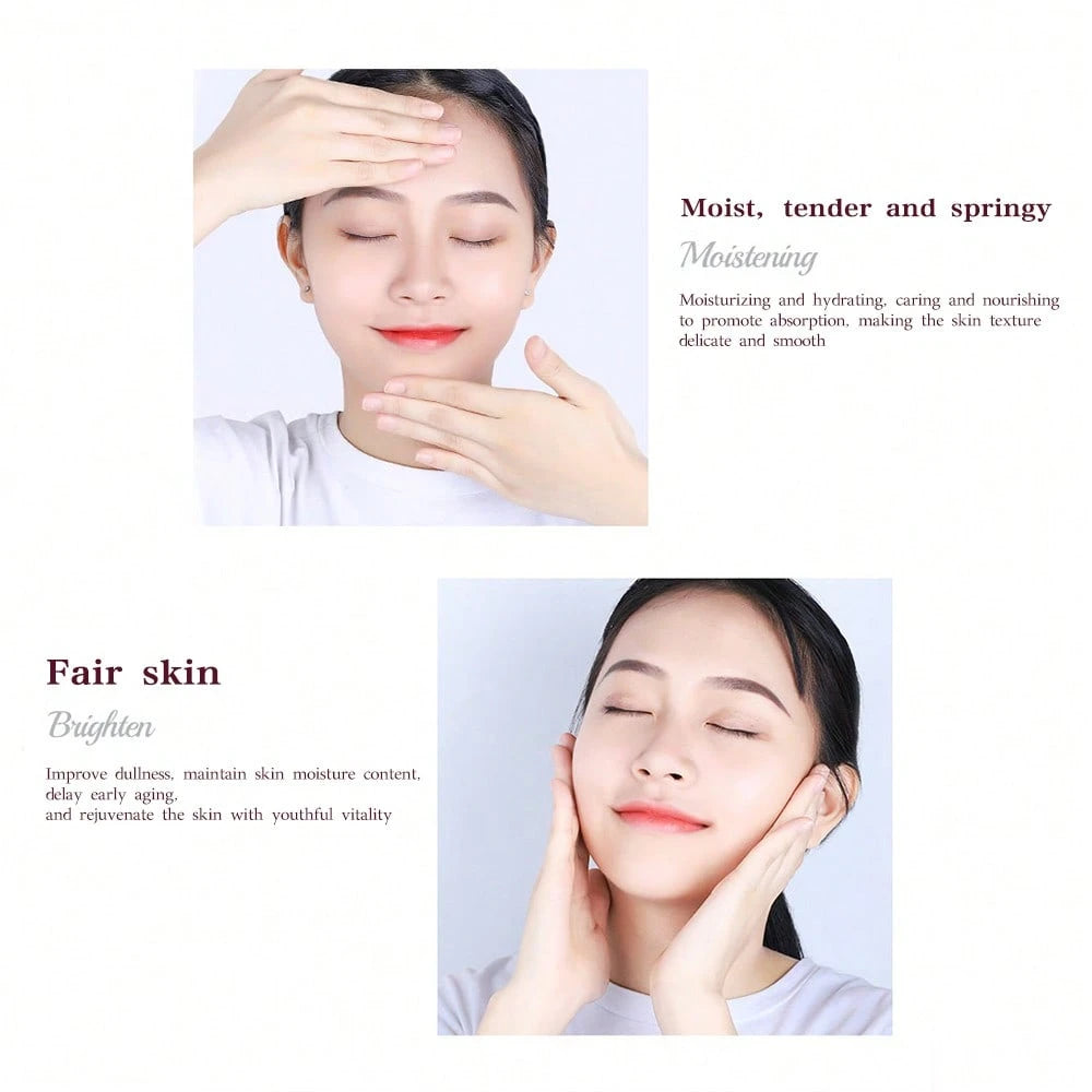 Woman applying cream to her face with text describing skin benefits