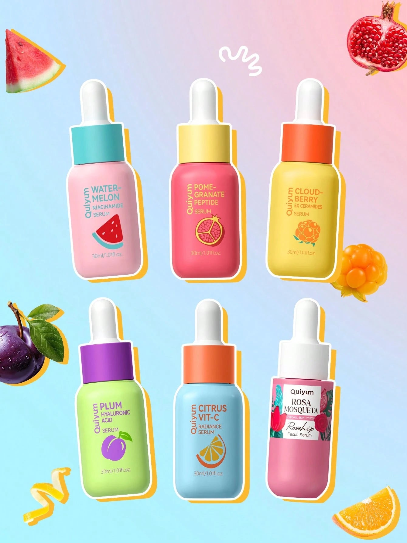 6 Essence Serums, QUIYUM Watermelon Niacinamide, Rosehip, Pomegranate Peptide, 5-In-1 Ceramide, Plum Hyaluronic Acid