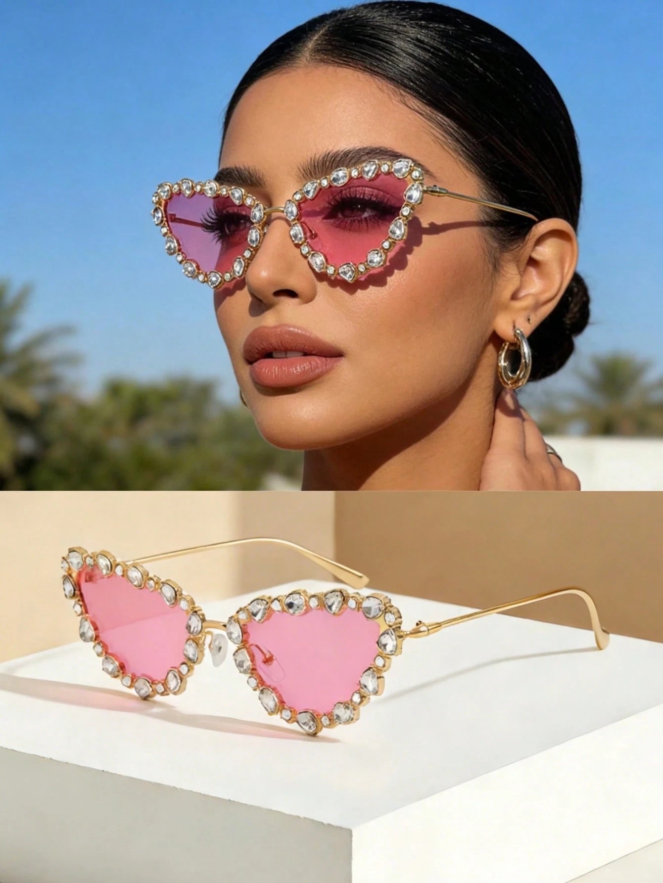Pink heart-shaped sunglasses with rhinestone-trimmed frames, shown worn by a woman outdoors and displayed on a white pedestal.