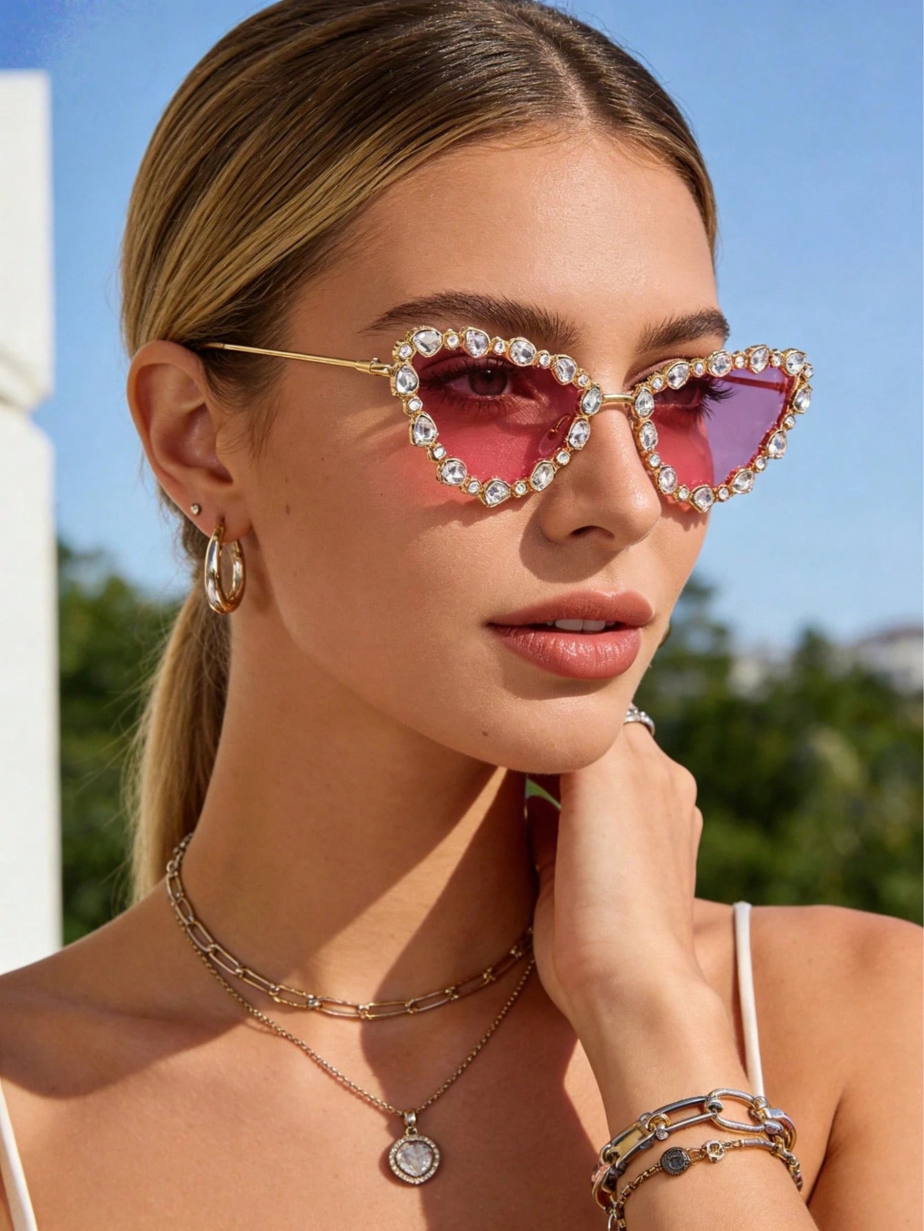 SHEIN AOOBCC. نظارة أنيقة على شكل عين القطة بحجر الراين، نظارات ديكور عصرية