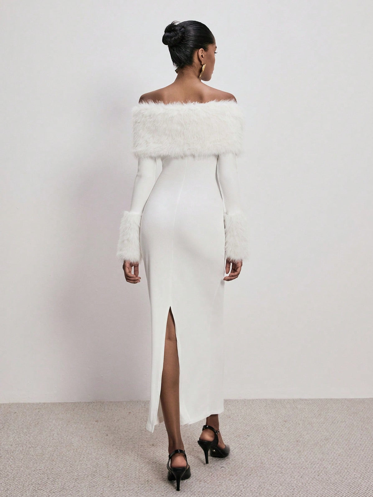 SHEIN ATUI Studio Women's Elegant Formal White Autumn Fitted Fluffy Splice Off-Shoulder Long Sleeve Maxi Dress